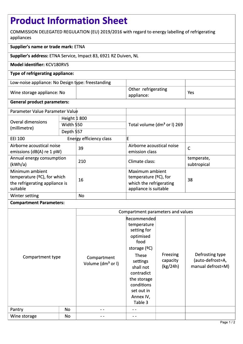 Page 1 de la notice Fiche technique Etna KCV180RVS
