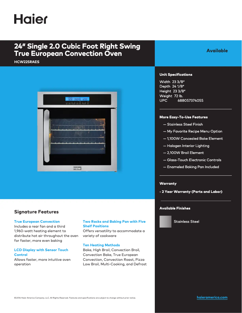 Page 1 de la notice Fiche technique Haier HCW225RAES