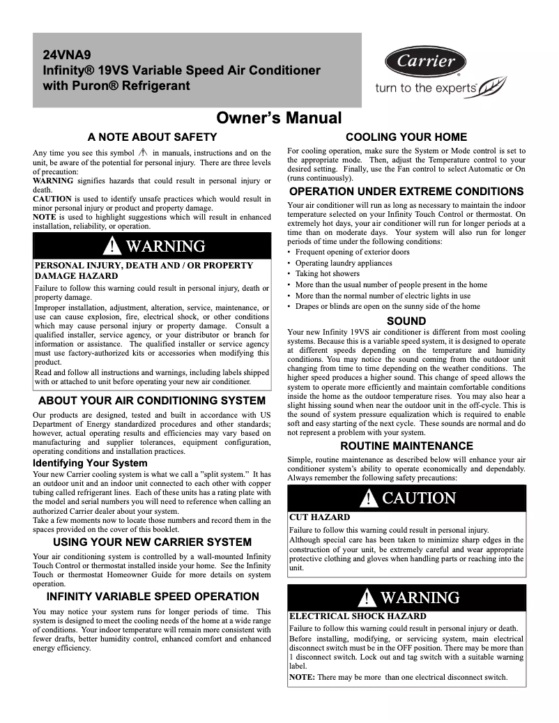 Image de la première page du manuel de l'appareil Infinity 24VNA9