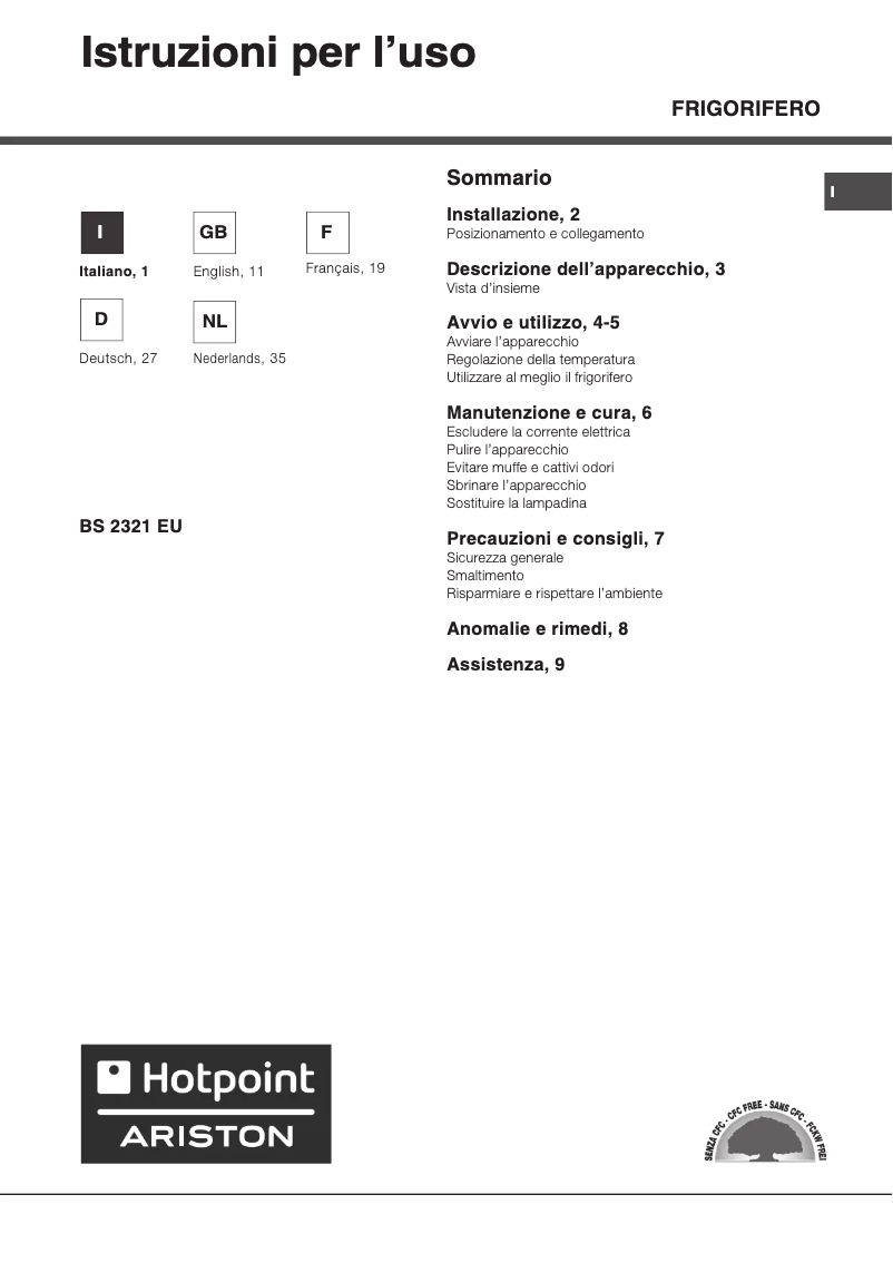 Page 1 de la notice Manuel utilisateur Hotpoint Ariston BS 2321