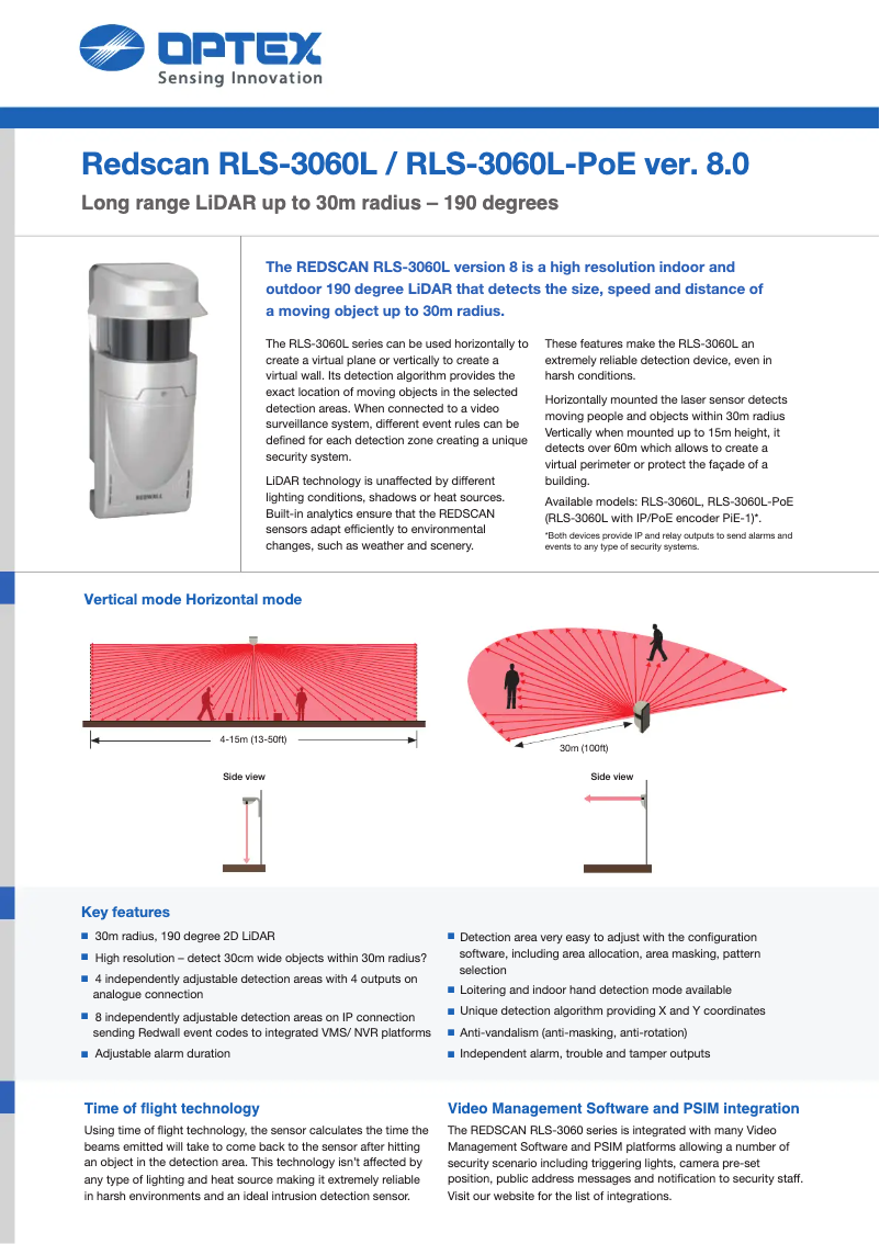 Page n°1 - Fiche technique Optex RLS-3060L