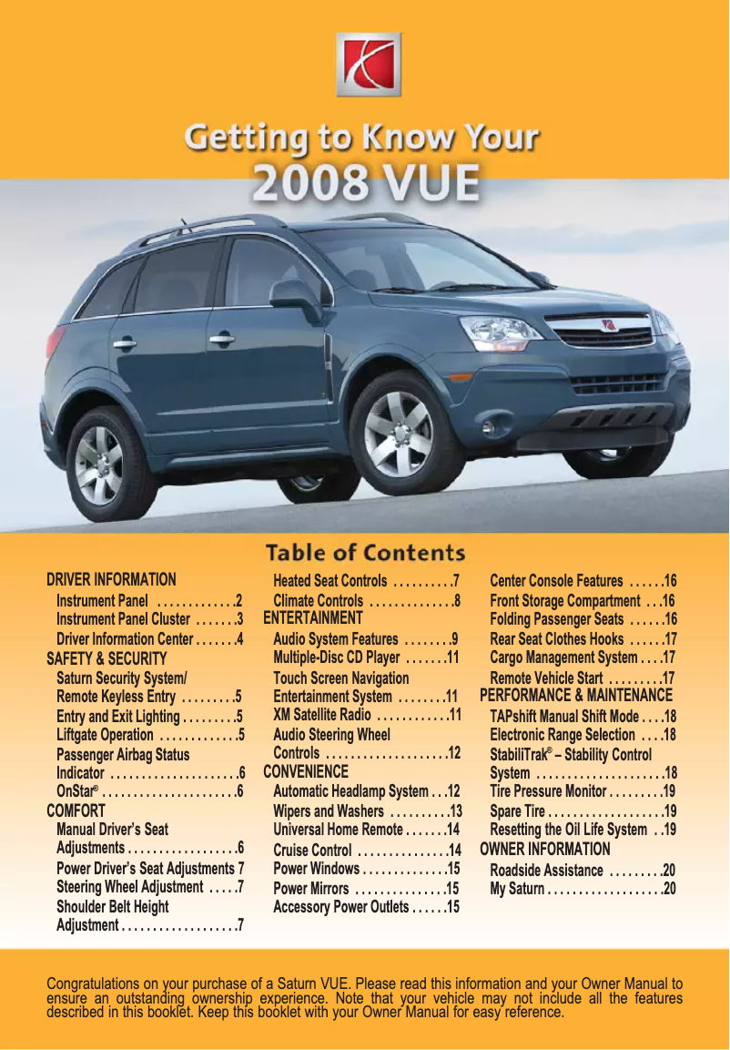 Page n°1 - Guide de démarrage rapide Saturn Vue (2008)