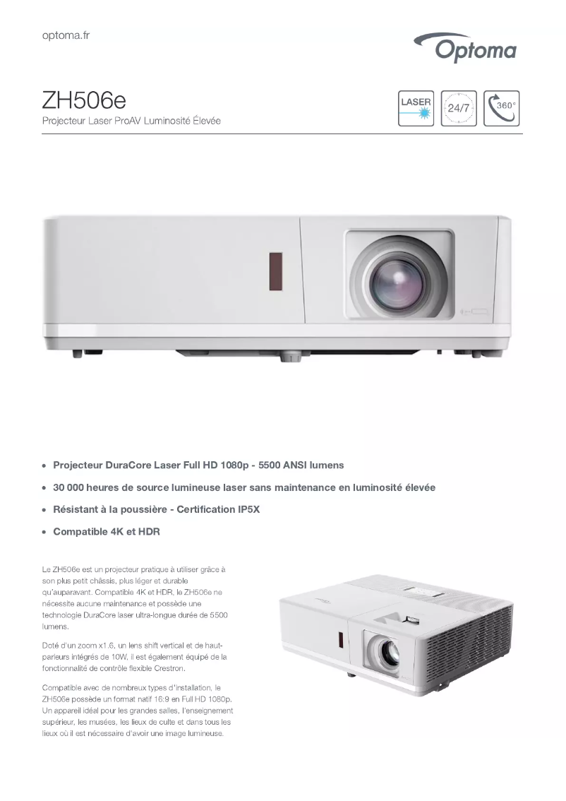 Page 1 de la notice Fiche technique Optoma ZH506e