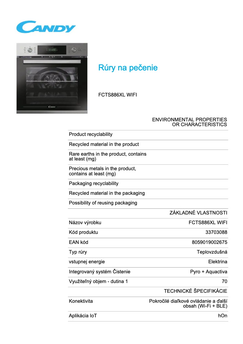 Page n°1 - Fiche technique Candy FCTS886XL WIFI