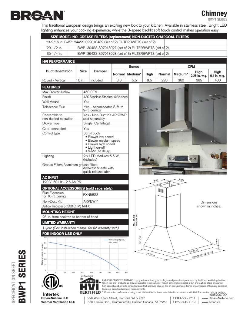 Page n°1 - Fiche technique Broan BWP1304SS