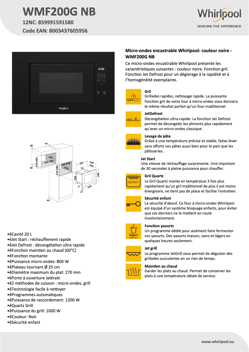 Page n°1 - Fiche technique Whirlpool WMF200GNB