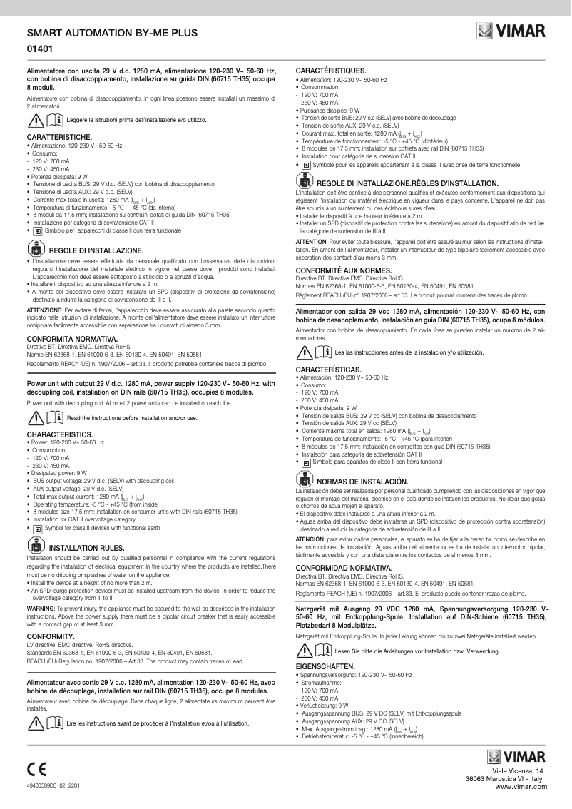 Page 1 de la notice Manuel utilisateur Vimar 01401