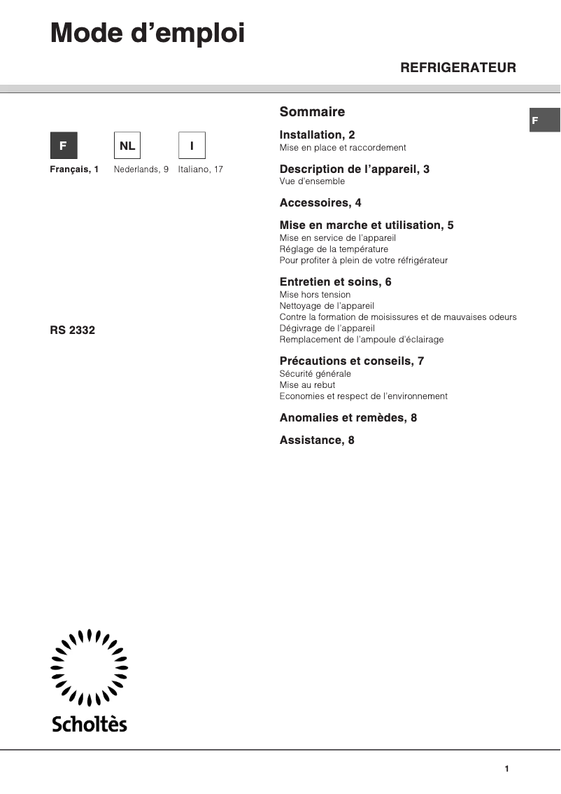 Image de la première page du manuel de l'appareil RS 2332