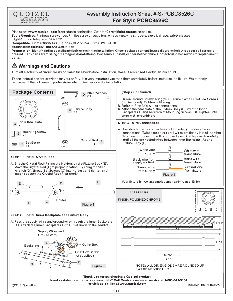Page n°1 - Manuel utilisateur Quoizel PCBC8526C