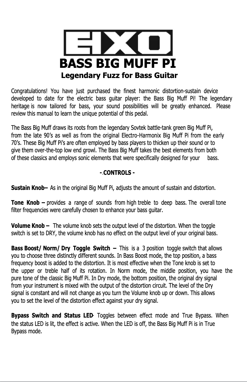 Page 1 de la notice Manuel utilisateur Electro Harmonix Bass Big Muff Pi