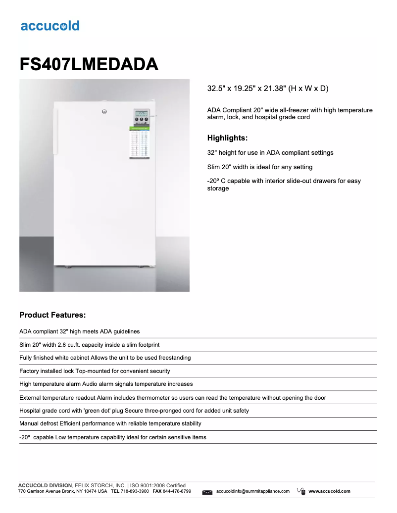 Page 1 de la notice Fiche technique Summit Accucold FS407LMEDADA