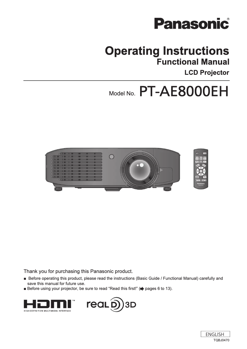 Page n°1 - Manuel utilisateur Panasonic PT-AE8000U