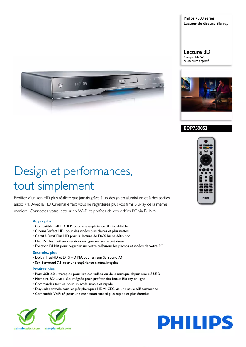 Page 1 de la notice Fiche technique Philips 7000 series BDP7500S2
