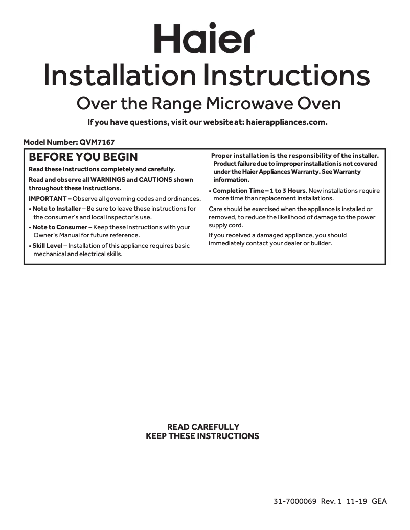 Page 1 de la notice Guide d'installation Haier QVM7167BNTS