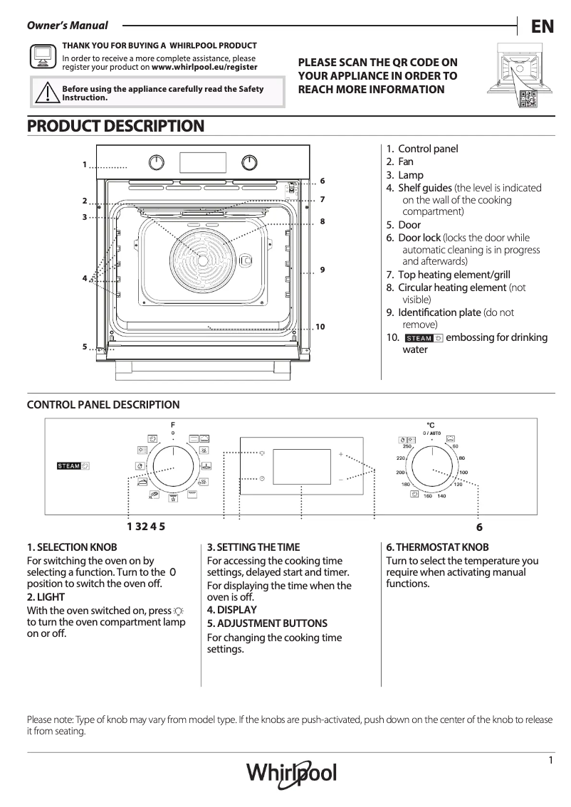 Page 1 de la notice Manuel d'utilisation et d'entretien Whirlpool OMSK58RU1SX