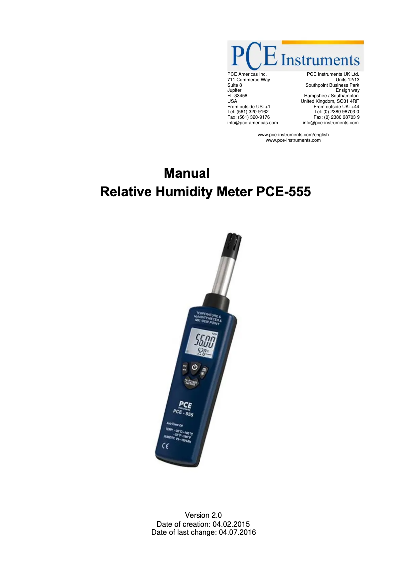 Page 1 of the manual User Manual PCE Instruments PCE-555