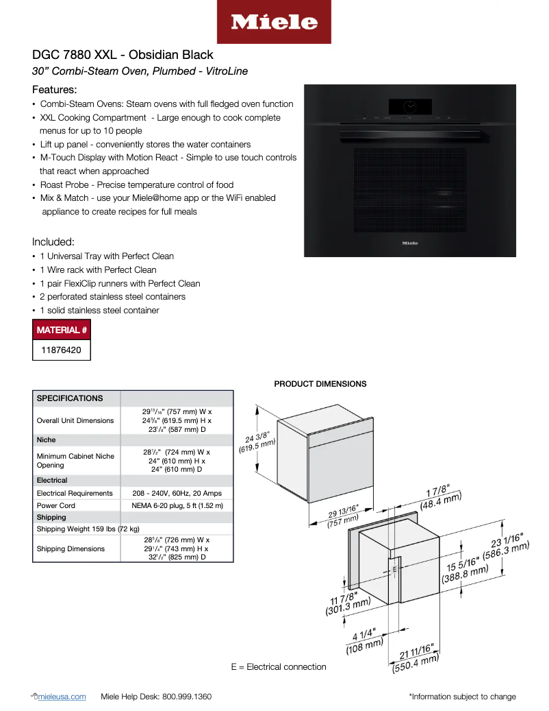 Page 1 de la notice Fiche technique Miele DGC 7880 OBSW XXL
