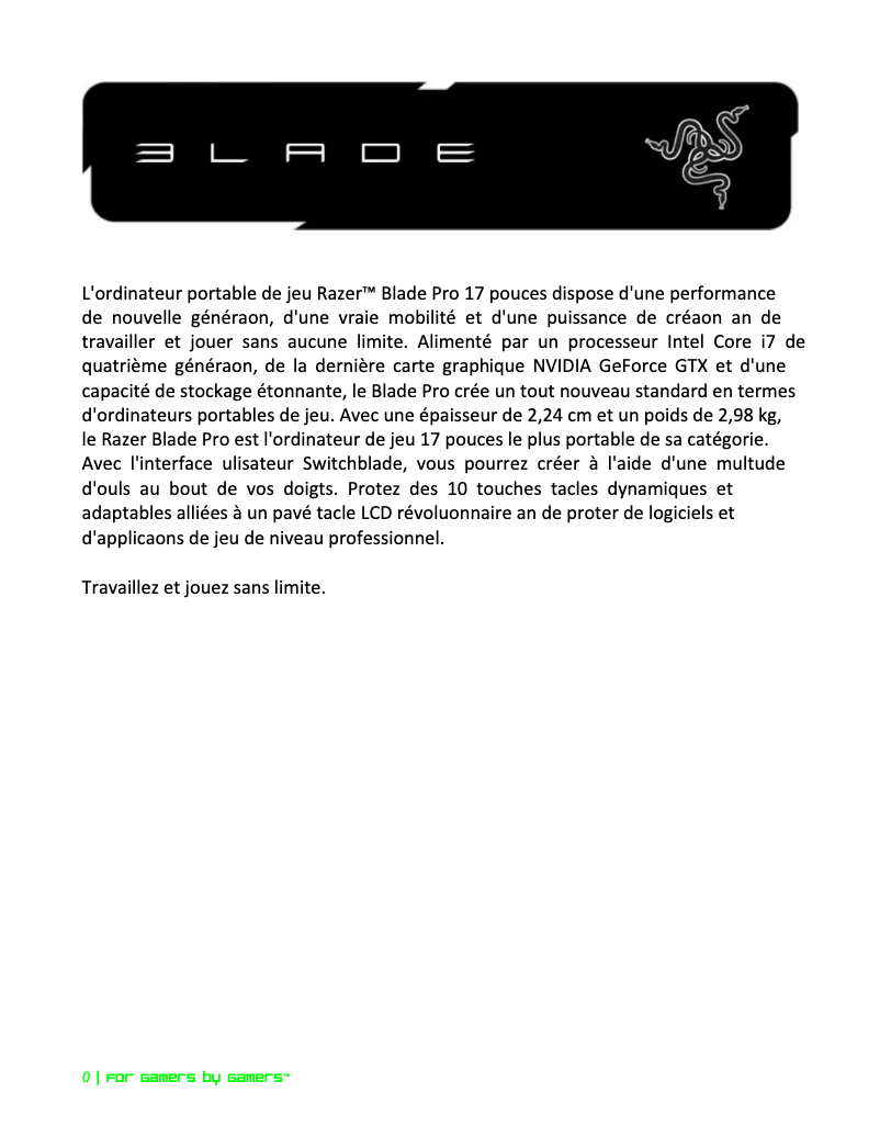 Page 1 de la notice Manuel utilisateur Razer Blade Pro 17