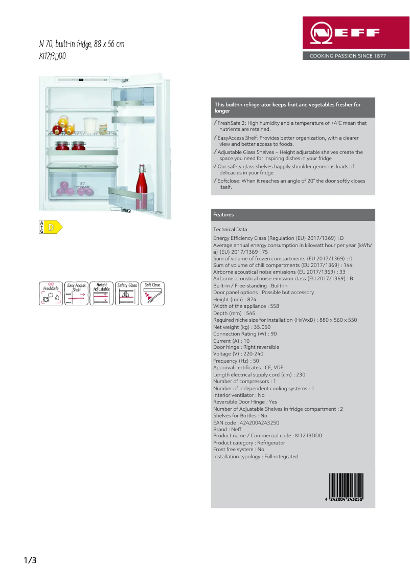 Page 1 de la notice Fiche technique Neff KI1213DD0