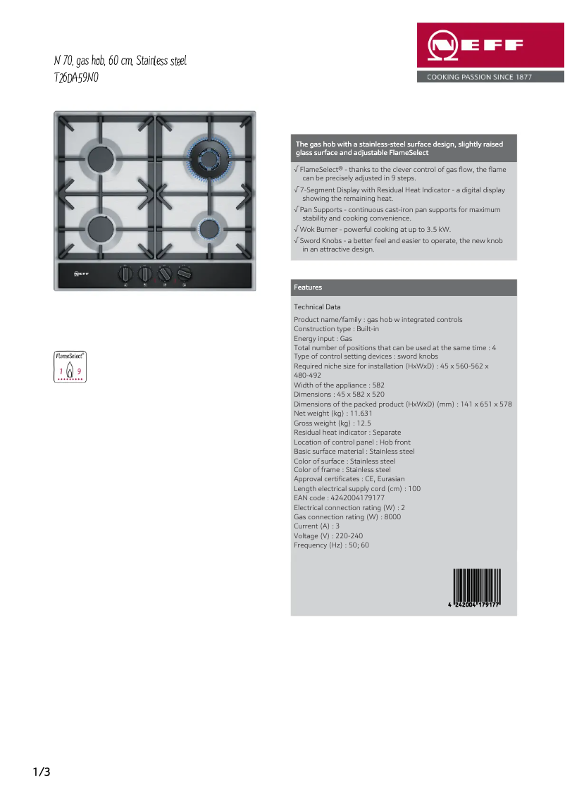 Page 1 de la notice Fiche technique Neff T26DA59N0