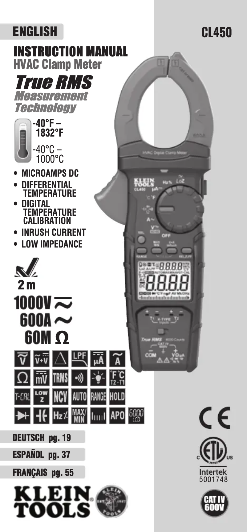Page 1 de la notice Manuel utilisateur Klein Tools CL450