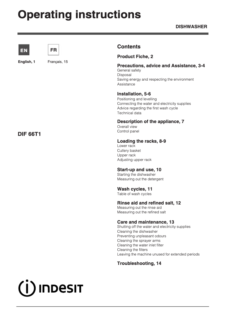 Page 1 de la notice Manuel utilisateur Indesit DIF 66T1 A EU