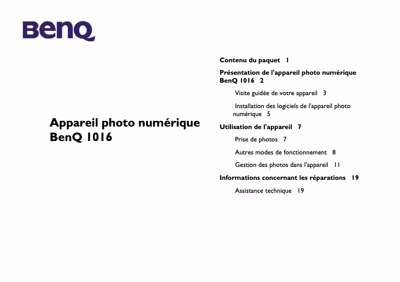Page 1 de la notice Manuel utilisateur BenQ DC 1016