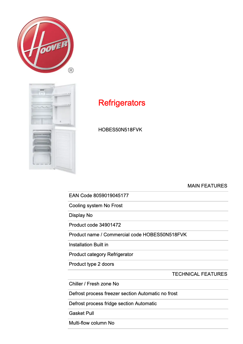 Page n°1 - Fiche technique Hoover HOBES50N518FVK