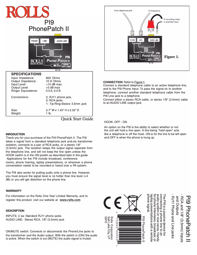 Page 1 de la notice Manuel utilisateur Rolls PhonePatch II PI9
