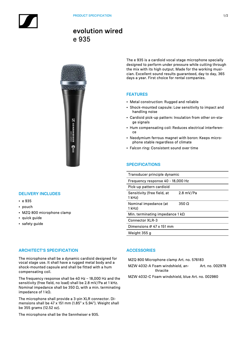Page 1 de la notice Fiche technique Sennheiser E935