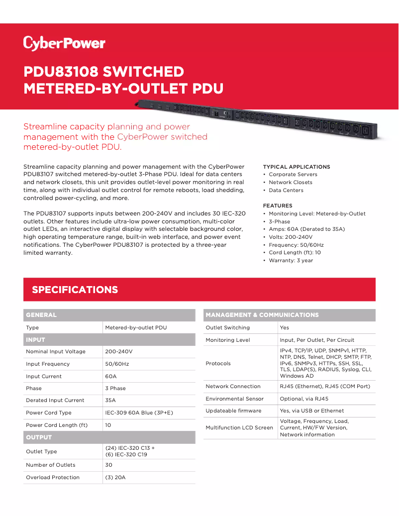 Page 1 de la notice Fiche technique CyberPower PDU83108