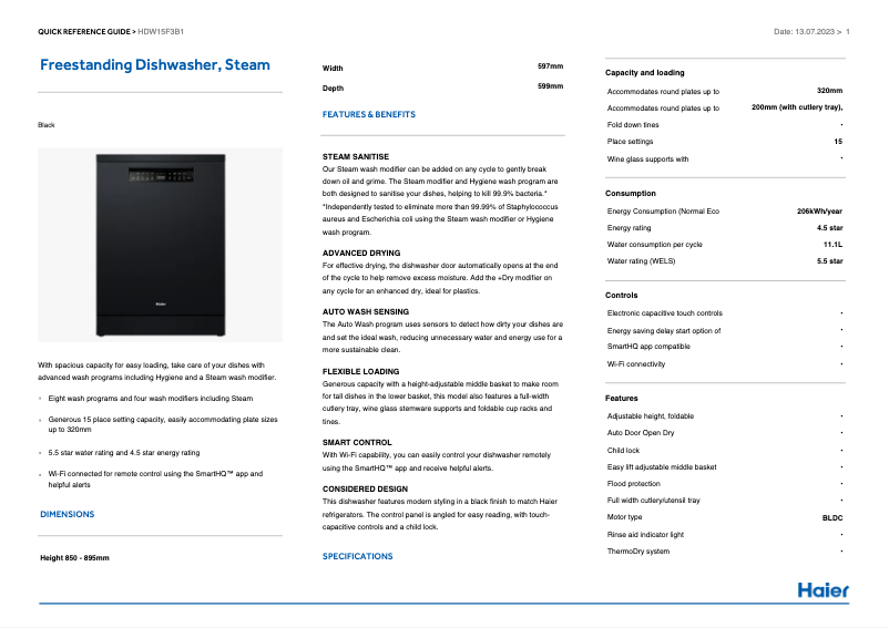 Page 1 de la notice Label énergétique Haier HDW15F3B1