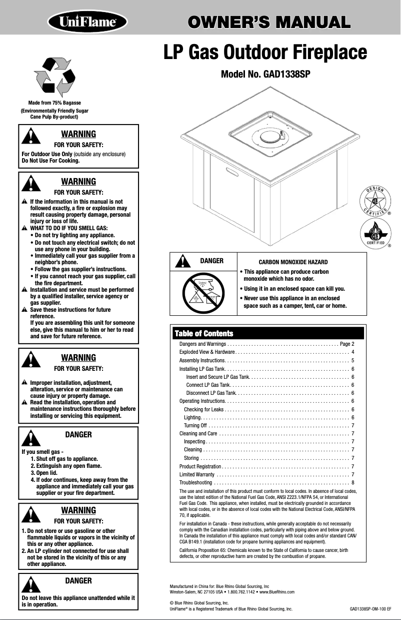 Page 1 de la notice Manuel utilisateur Blue Rhino GAD1338SP