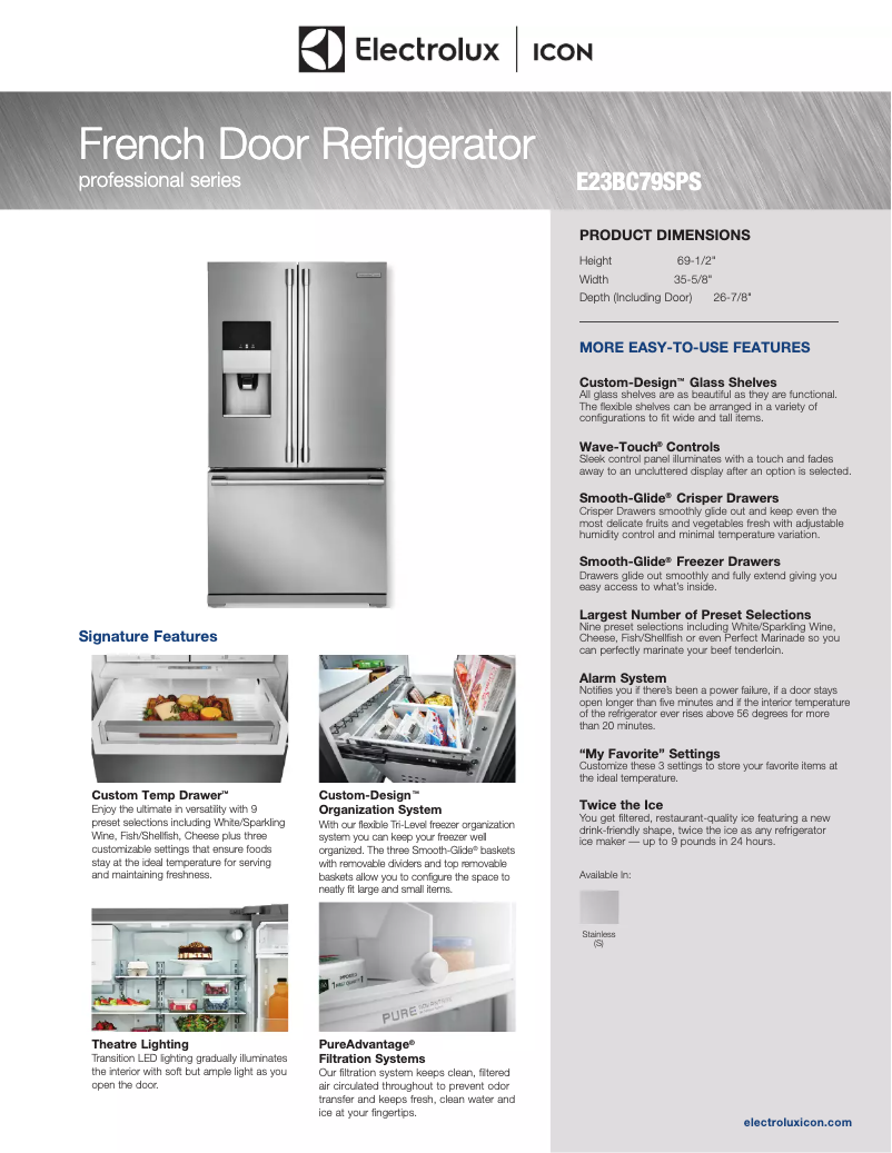 Page 1 de la notice Fiche technique Electrolux ICON E23BC79SS