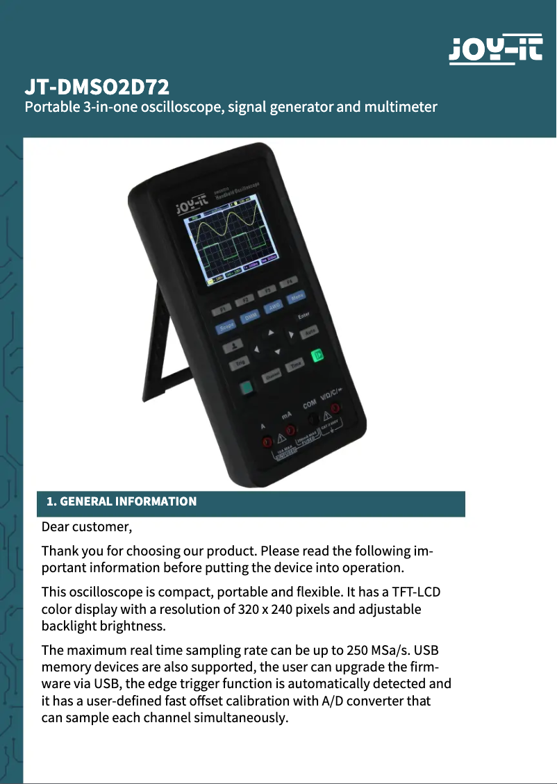 Page 1 de la notice Manuel utilisateur Joy-It DMSO2D72