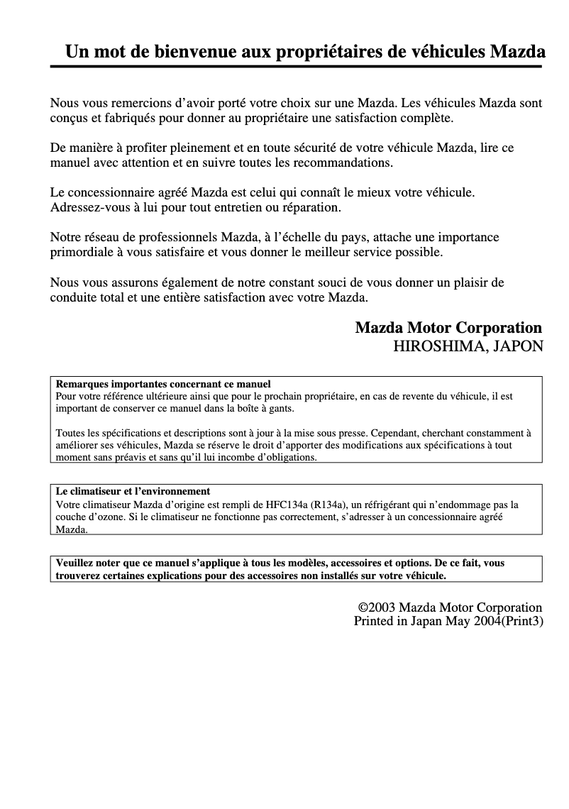 Page 1 de la notice Manuel utilisateur Mazda MPV (2004)