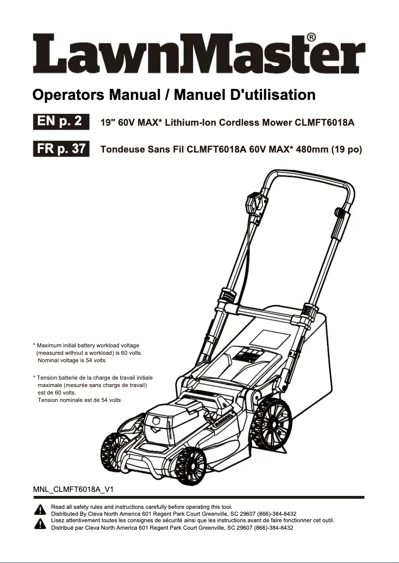 Page 1 de la notice Manuel utilisateur LawnMaster CLMFT6018A