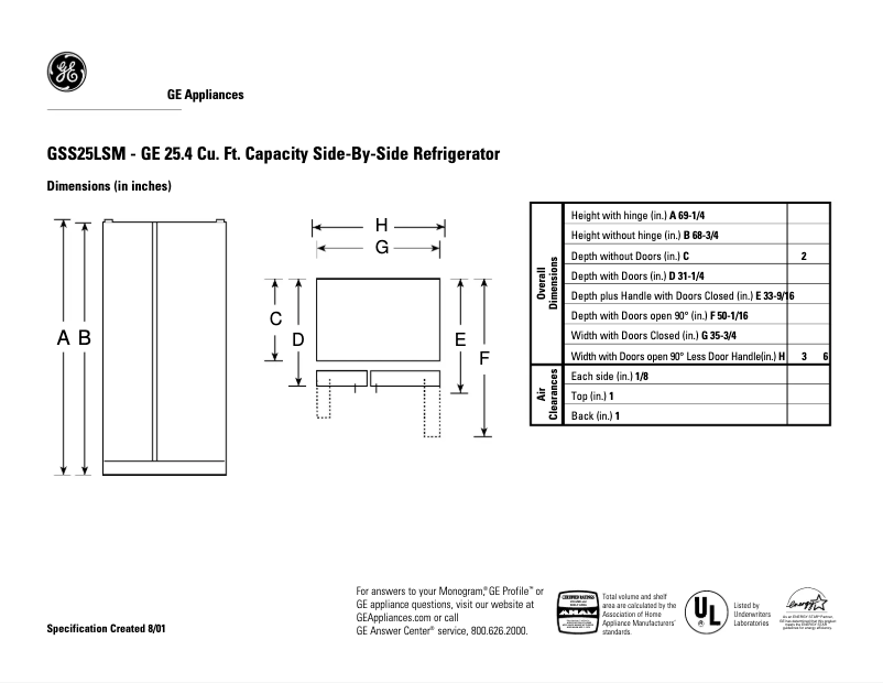 Página 1 del manual Ficha técnica GE GSS25LSMBS