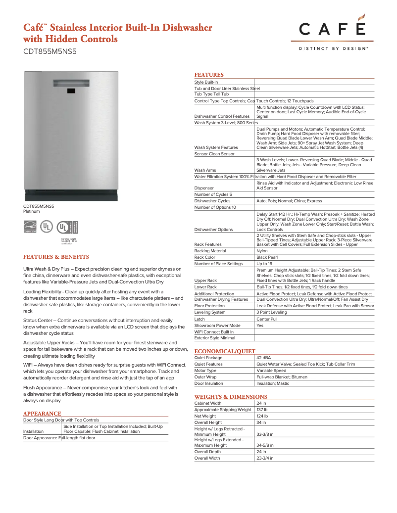 Page 1 de la notice Fiche technique GE Café CDT855M5NS5