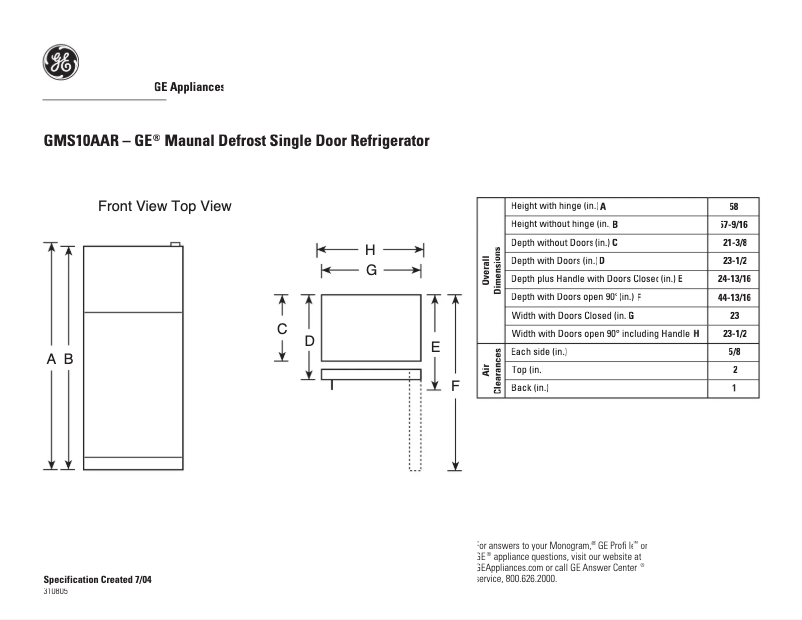Page 1 de la notice Fiche technique GE GMS10AARLWW