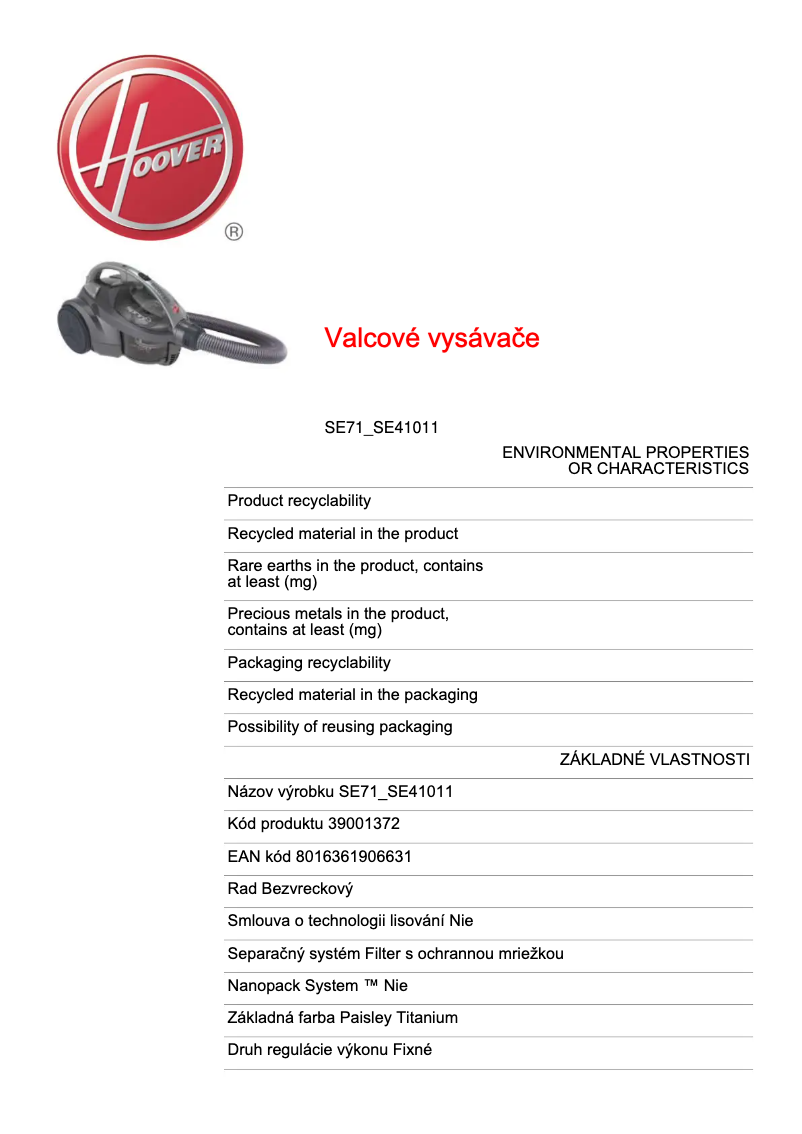 Page n°1 - Fiche technique Hoover SPRINT EVO SE71 SE41011
