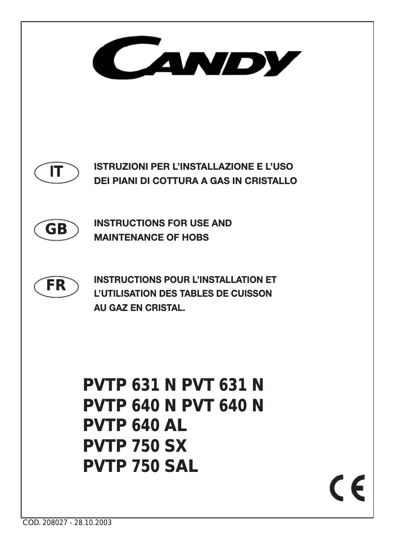 Page n°1 - Manuel utilisateur Candy PC PVTP640NC