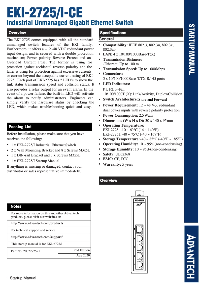 Page 1 de la notice Manuel utilisateur Advantech EKI-2725I-CE