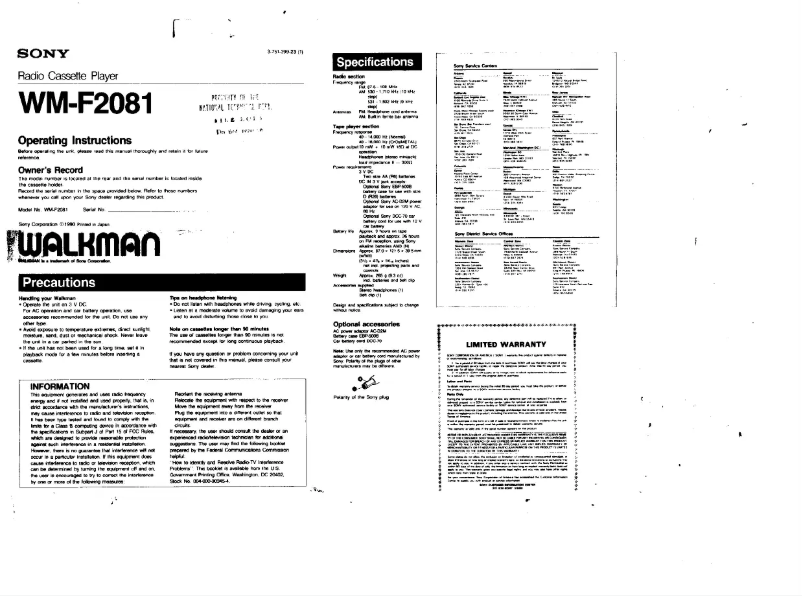 Page 1 de la notice Manuel utilisateur Sony Walkman WM-F2081