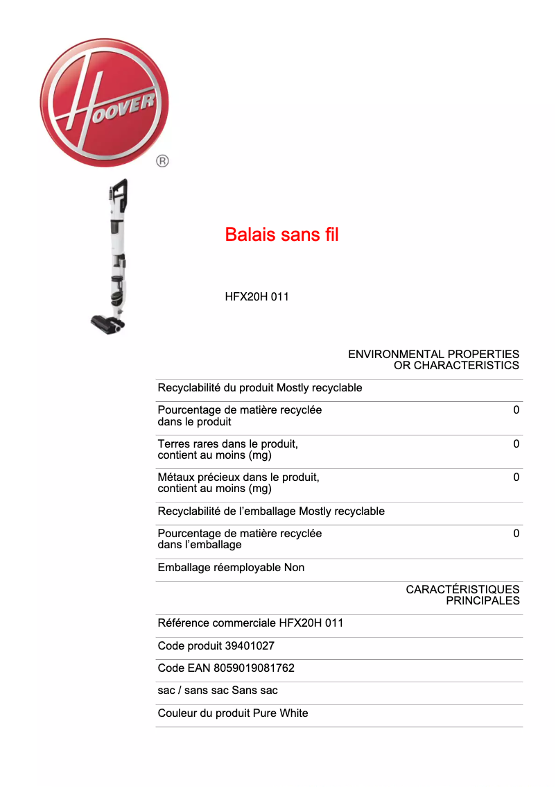 Page n°1 - Fiche technique Hoover HFX20H 011