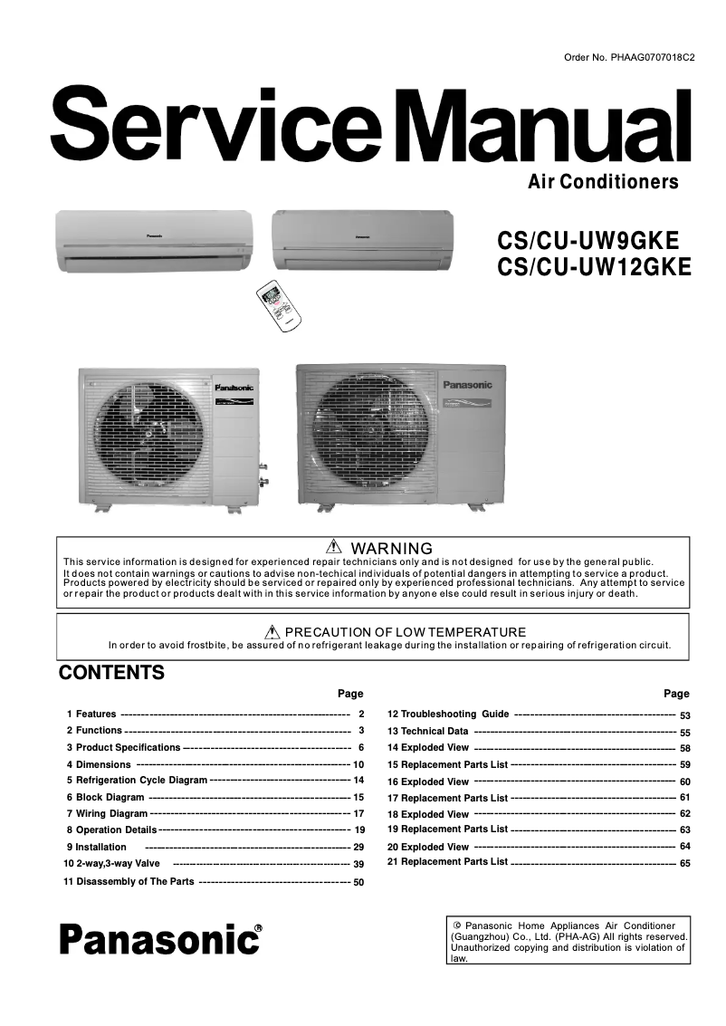 Page 1 de la notice Manuel utilisateur Panasonic CS-UW12GKE