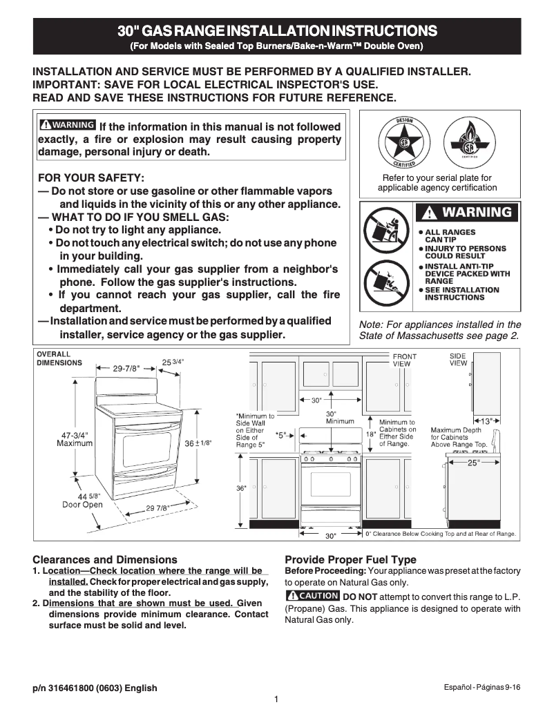 Page n°1 - Guide d'installation Frigidaire GLGFM98GPW