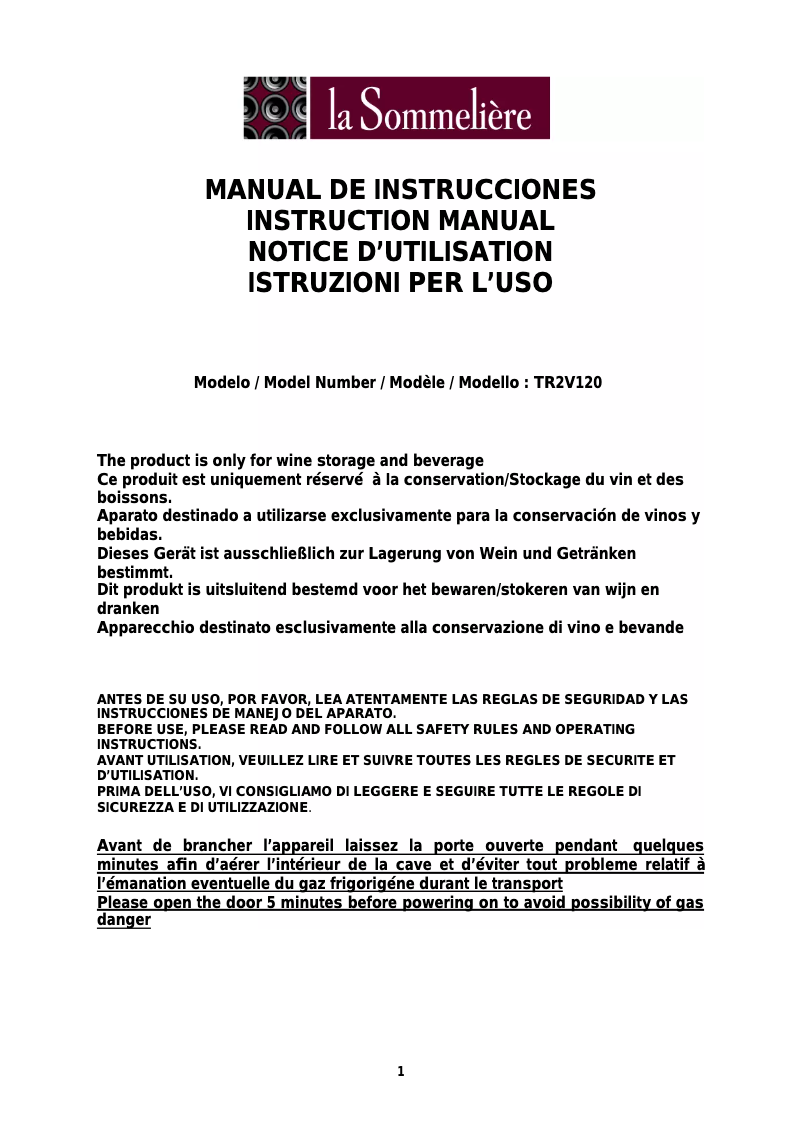 Page n°1 - Manuel utilisateur La Sommelière TR2V120