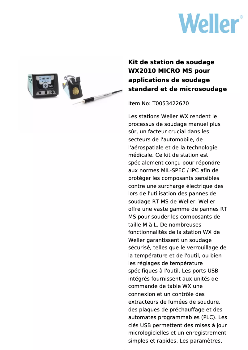 Page 1 de la notice Fiche technique Weller WX 2010