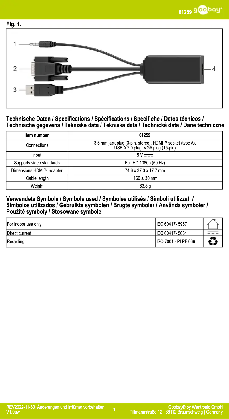 Page 1 de la notice Manuel utilisateur Goobay 61259